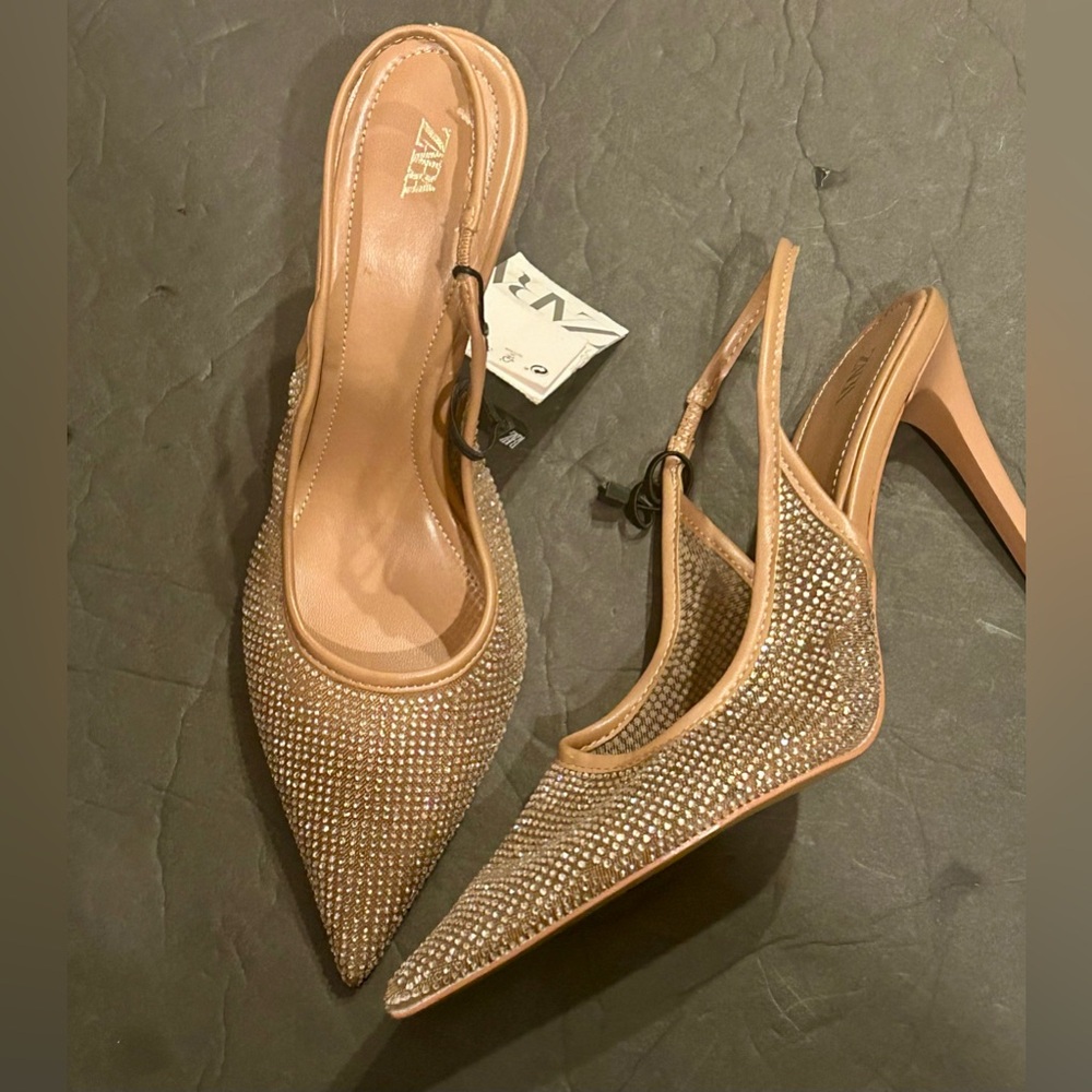Zara NWT Sequin Sparkly Nude Heels